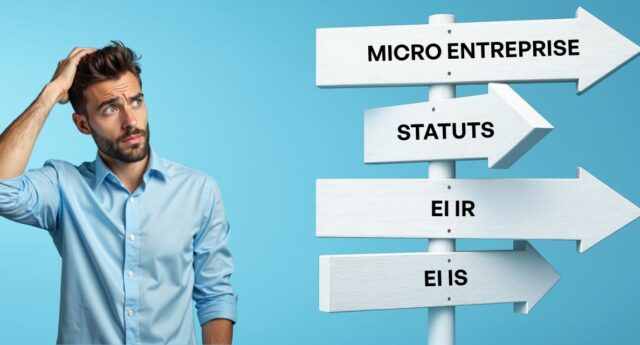 Homme hesitant dev ant des panneaux indiquant micro entreprise, statut, EI IS et EI IR, choix du statut juridique pour mandataire immobilier
