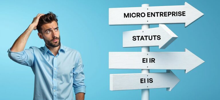 Homme hesitant dev ant des panneaux indiquant micro entreprise, statut, EI IS et EI IR, choix du statut juridique pour mandataire immobilier