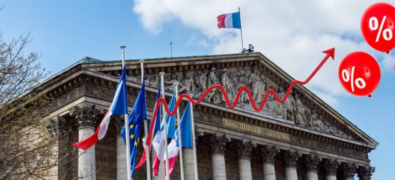 facade de l'assemblee nationale avec une fleche rouge illustrant la hausse des taux d'intéret pour illustreer l'impact de la crise politique.