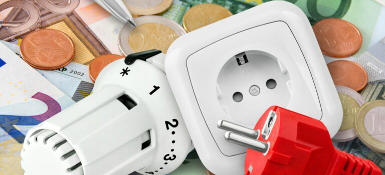 thermostat, prise électrique et fiche rouge poses sur des billets et pieces d’euros.