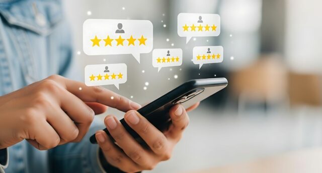personne un smartphone à la main en train de consulter des avis clients