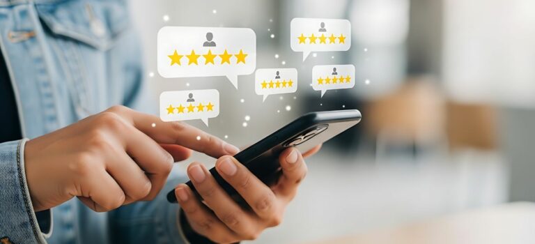 personne un smartphone à la main en train de consulter des avis clients