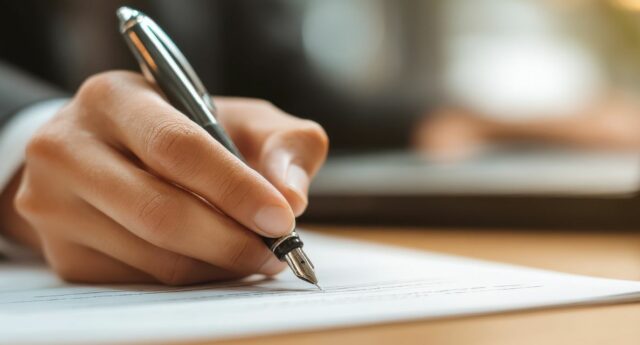 main tenant un stylo et signant un credit immobilier