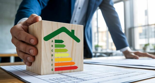 Projet de renovation energetique d’un logement avec étiquette de performance energetique posee sur des plans.