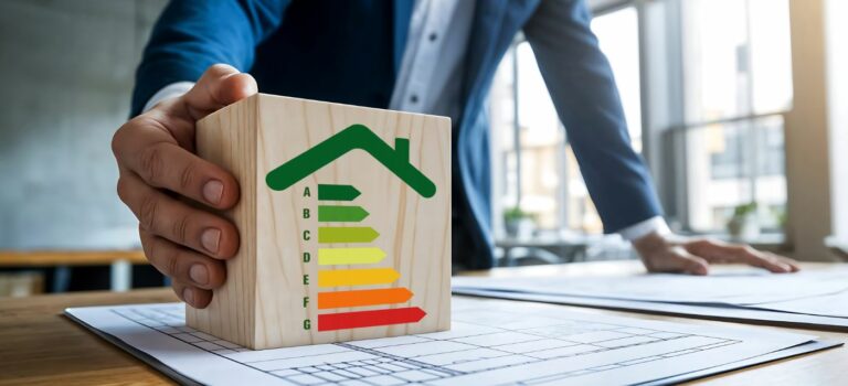 Projet de renovation energetique d’un logement avec étiquette de performance energetique posee sur des plans.