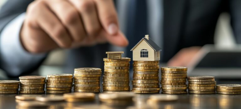 Investissement immobilier avec piles de pièces illustrant la rentabilite et les ecarts de gains en LMNP