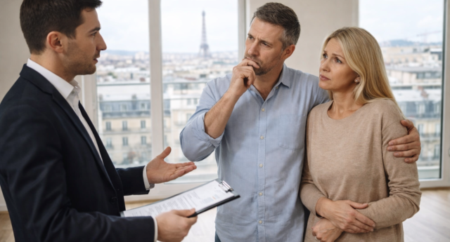 Agent immobilier conseillant un couple face au risque de moins-value