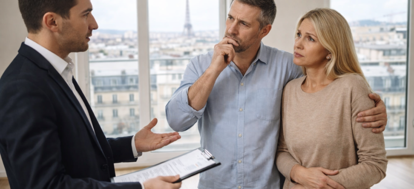 Agent immobilier conseillant un couple face au risque de moins-value