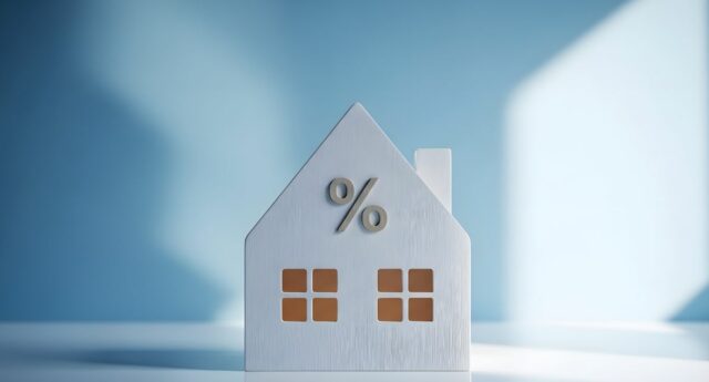 Illustration des taux de credit immobilier en mars 2026 avec symbole pourcentage sur une maison