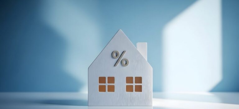 Illustration des taux de credit immobilier en mars 2026 avec symbole pourcentage sur une maison