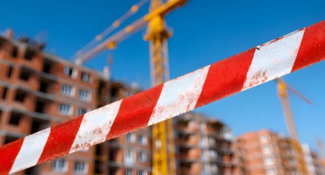 Chantier immobilier à l’arret avec grue et ruban de securité illustrant les difficultes des entreprises du secteur immobilier en 2026