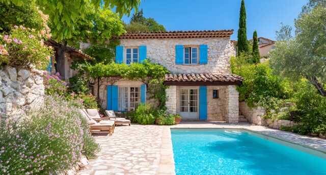 Maison en pierre de style provencal avec volets bleus, piscine et jardin fleuri, typique des residences secondaires de villegiature dans le Sud de la France