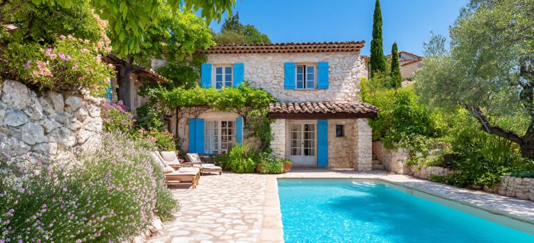 Maison en pierre de style provencal avec volets bleus, piscine et jardin fleuri, typique des residences secondaires de villegiature dans le Sud de la France