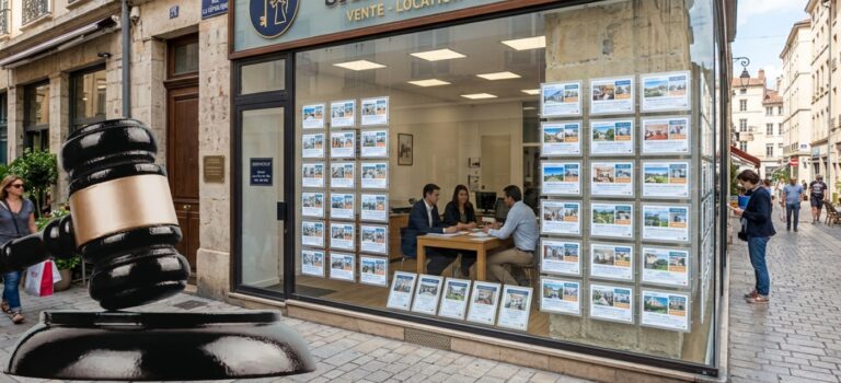 Agence immobiliere avec clients en rendez-vous et symbole de justice après une decision sur la direction des succursales
