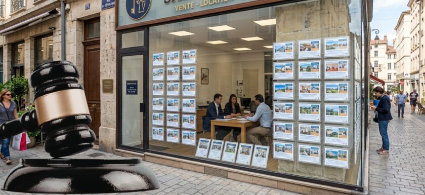 Agence immobiliere avec clients en rendez-vous et symbole de justice après une decision sur la direction des succursales