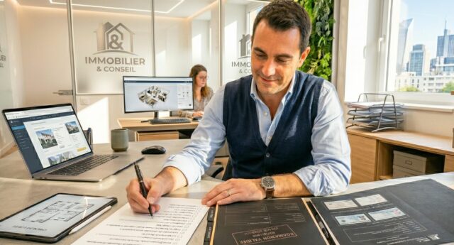 Agent immobilier consultant un dossier de conformité LCB-FT dans une agence immobiliere.