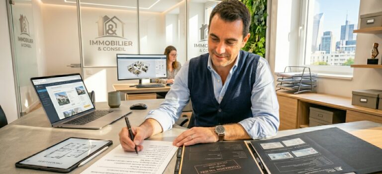 Agent immobilier consultant un dossier de conformité LCB-FT dans une agence immobiliere.