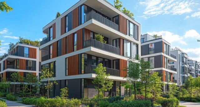 Résidence neuve contemporaine avec balcons et espaces verts en milieu urbain