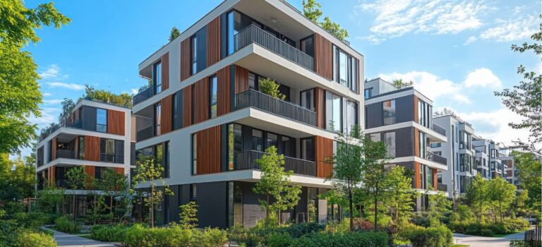 Résidence neuve contemporaine avec balcons et espaces verts en milieu urbain
