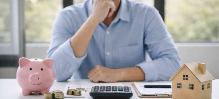 Personne comparant epargne et credit pour financer un projet immobilier avec calculatrice et modele de maison