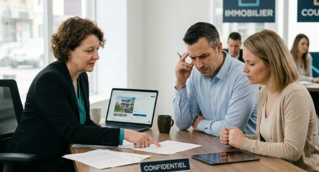 Couple en rendez-vous avec une conseillere pour un dossier de credit immobilier refuse