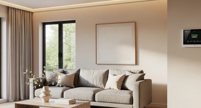 Salon moderne lumineux avec canape beige et systeme de securite connecte