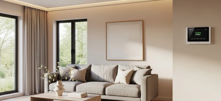 Salon moderne lumineux avec canape beige et systeme de securite connecte