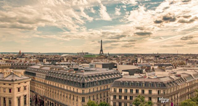 Vue aerienne Paris avec immeubles haussmanniens et tour eiffel au fond