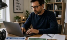 Freelance travaillant depuis chez lui avec dossier de pret immobilier et assurance emprunteur