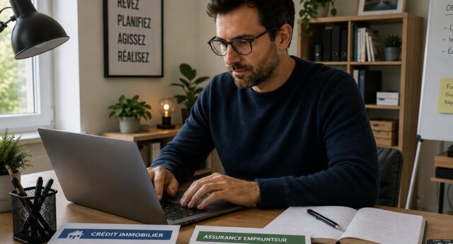 Freelance travaillant depuis chez lui avec dossier de pret immobilier et assurance emprunteur