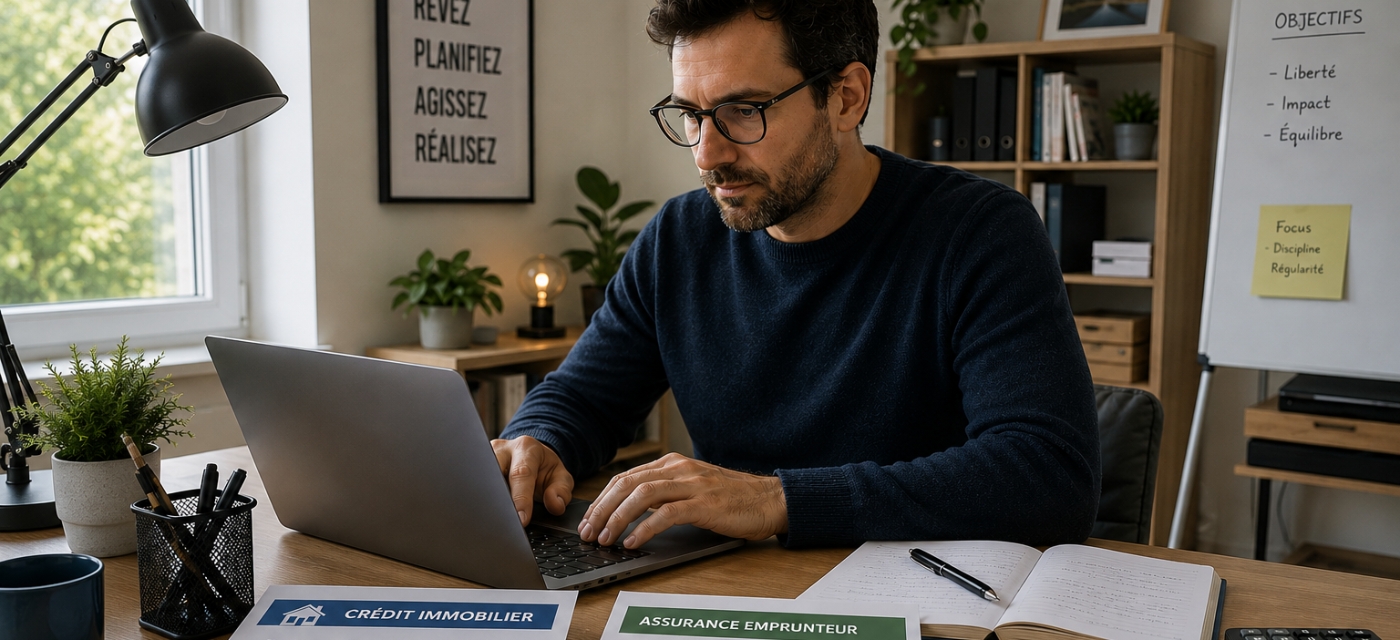Freelance travaillant depuis chez lui avec dossier de pret immobilier et assurance emprunteur