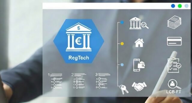 Un professionnel de l'immobilier utilise des outils numeriques pour sa conformite reglementaire, avec une interface RegTech affichant des icones pour la LCB-FT, les banques et les transactions immobilieres, illustrant l'automatisation des controles.