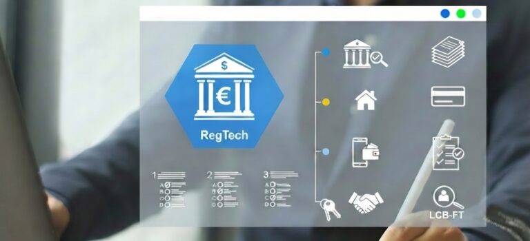 Un professionnel de l'immobilier utilise des outils numeriques pour sa conformite reglementaire, avec une interface RegTech affichant des icones pour la LCB-FT, les banques et les transactions immobilieres, illustrant l'automatisation des controles.