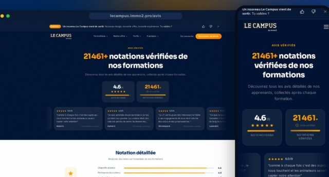 Ecrans desktop et mobile du Campus by Immo2 presentant les avis clients vérifies