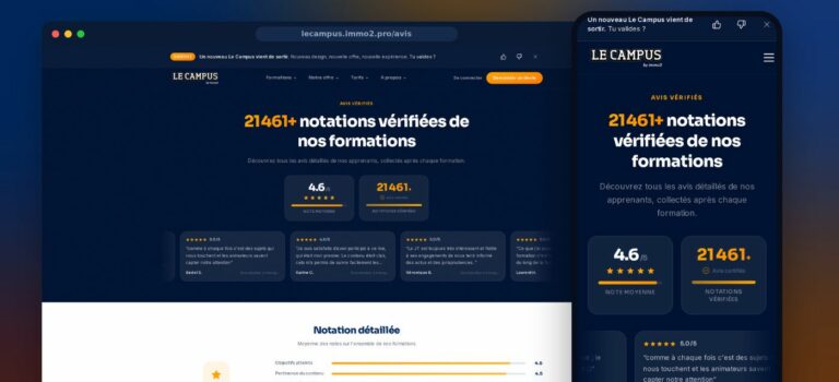 Ecrans desktop et mobile du Campus by Immo2 presentant les avis clients vérifies