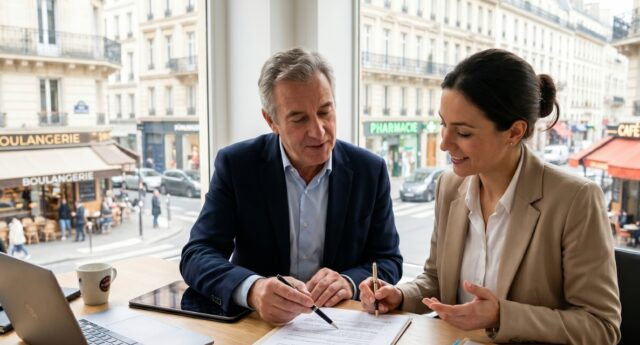 Un bailleur et une locataire signent un bail commercial a une table, devant une rue commercante parisienne