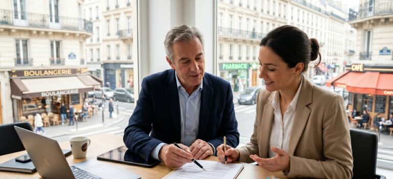 Un bailleur et une locataire signent un bail commercial a une table, devant une rue commercante parisienne