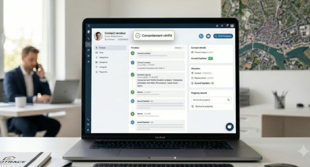 Agent immobilier verifiant le consentement d’un prospect vendeur dans son CRM avant un appel de prospection.