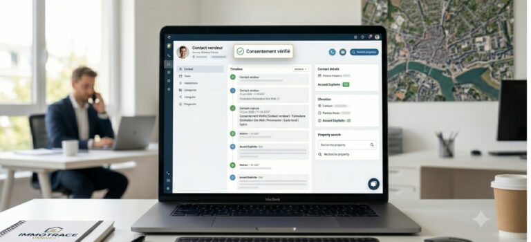 Agent immobilier verifiant le consentement d’un prospect vendeur dans son CRM avant un appel de prospection.