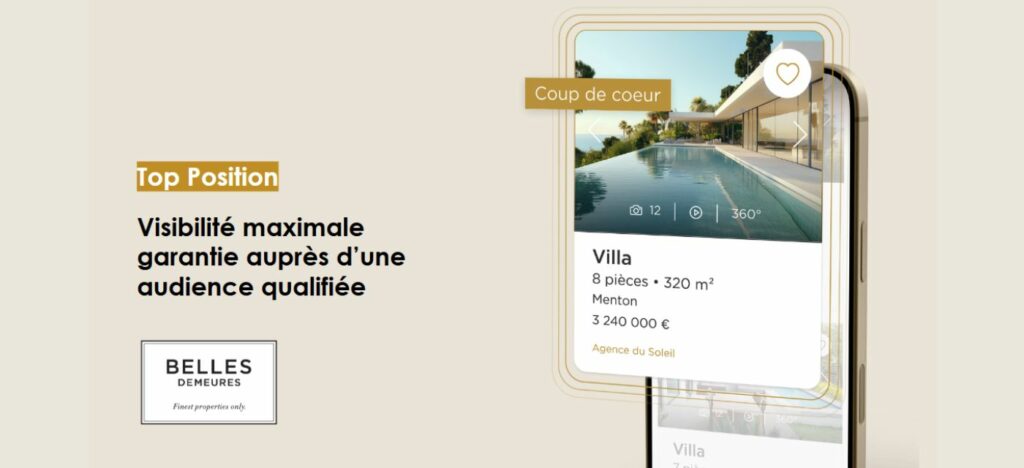 Villa à Menton affichée en première position sur le portail immobilier de luxe Belles Demeures avec l'option Top Position