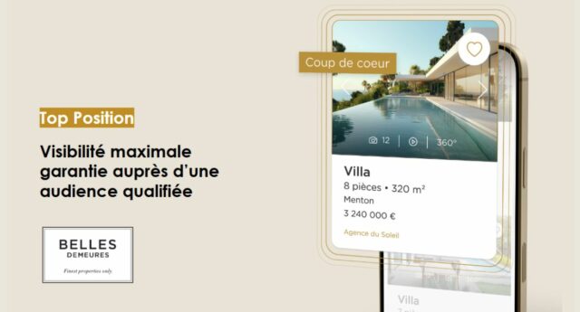 Villa à Menton affichée en première position sur le portail immobilier de luxe Belles Demeures avec l'option Top Position