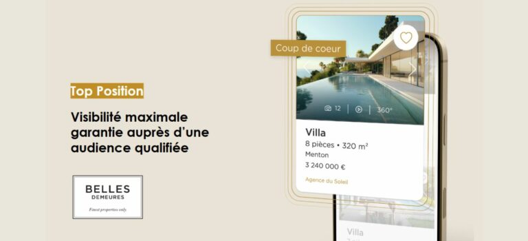 Villa à Menton affichée en première position sur le portail immobilier de luxe Belles Demeures avec l'option Top Position