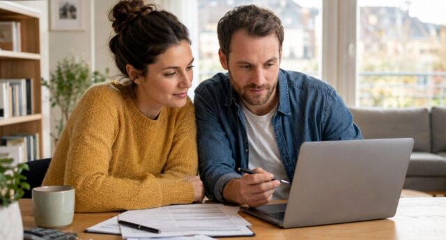 Un couple compare des offres d’assurance habitation sur ordinateur avec des documents, des cles et une loupe