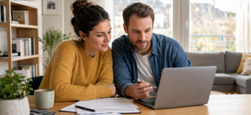 Un couple compare des offres d’assurance habitation sur ordinateur avec des documents, des cles et une loupe