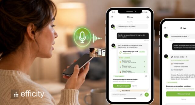 Conseillère immobilière utilisant Lya, l’agent IA d’efficity, sur smartphone