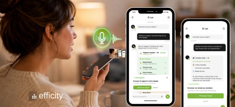 Conseillère immobilière utilisant Lya, l’agent IA d’efficity, sur smartphone