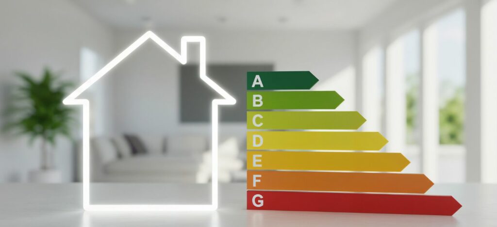 etiquette energetique du DPE de A à G devant la silhouette d'une maison dans un sejour lumineux