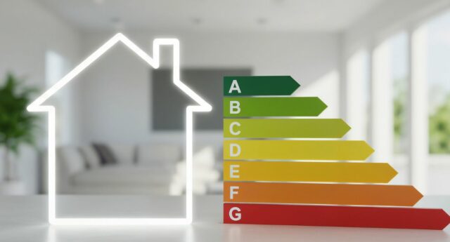 etiquette energetique du DPE de A à G devant la silhouette d'une maison dans un sejour lumineux