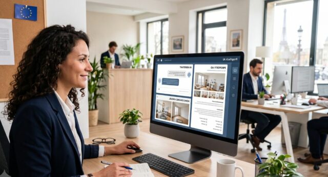 Professionnelle de l’immobilier utilisant une intelligence artificielle pour rediger une annonce, repondre aux clients et realiser du home staging virtuel.