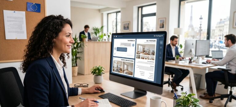 Professionnelle de l’immobilier utilisant une intelligence artificielle pour rediger une annonce, repondre aux clients et realiser du home staging virtuel.